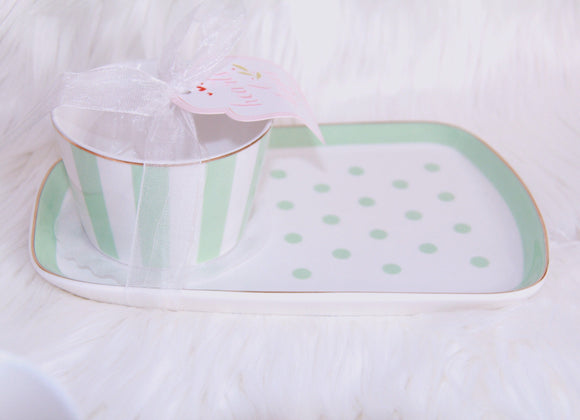 green cup with tray for tea, dessert, or decor