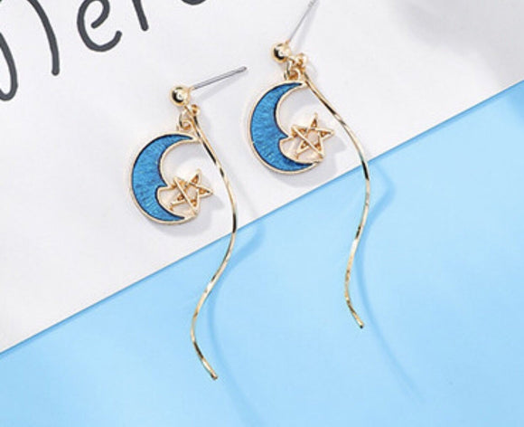 Gold and blue moon star earrings