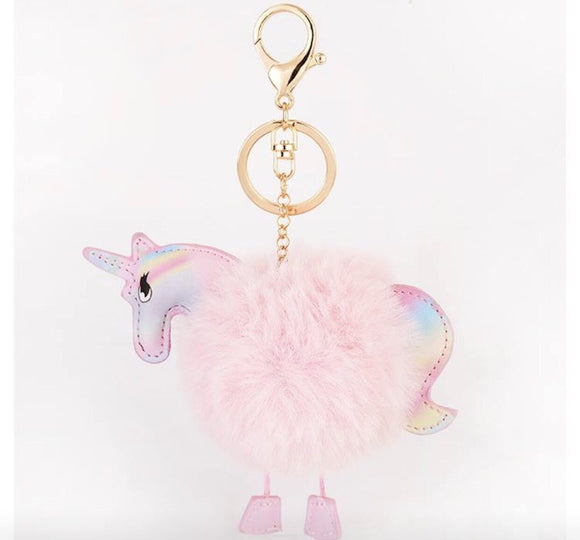 Unicorn pom pom bag charm keychain